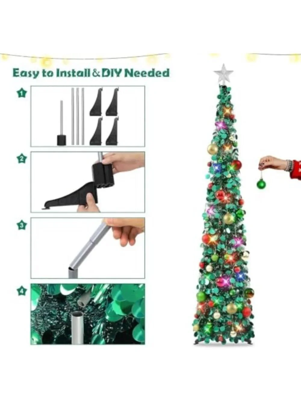 6Ft Pop Up Christmas Tree with Lights & 40 Ornaments - Collapsible Tinsel